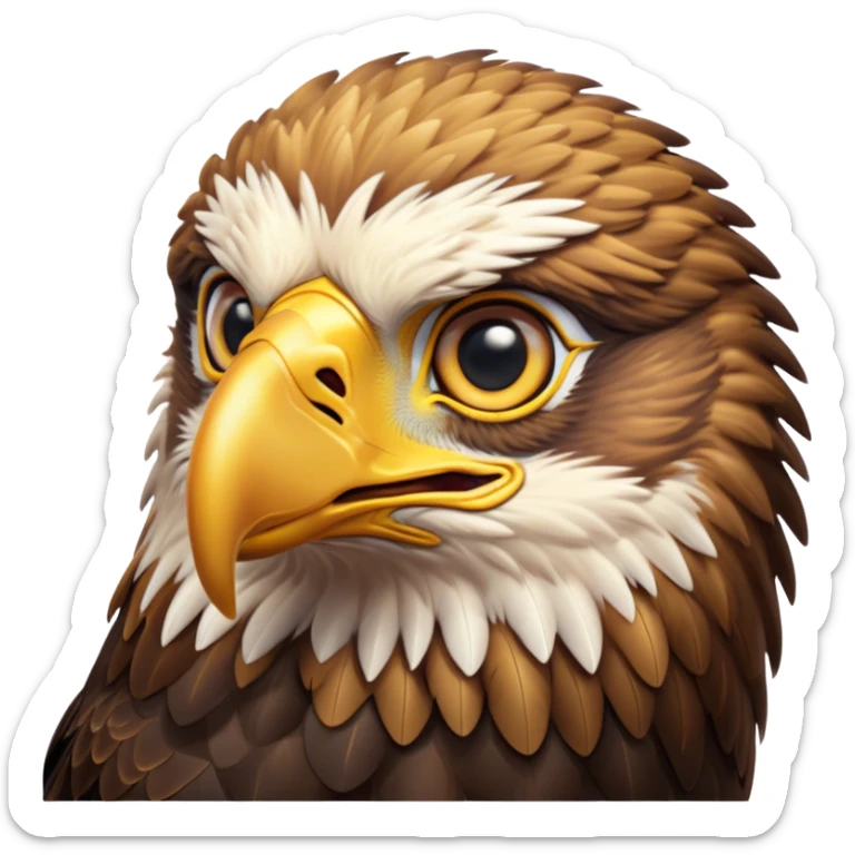 Cinematic Cute Golden Eagle Portrait Emoji, Head tilted playfully and inquisitively, featuring a compact, streamlined form with subtly ruffled, golden plumage and round, sparkling eyes full of spirited charm, Simplified yet irresistibly adorable features, highly detailed, glowing with a warm, inviting glow, high shine, affectionate and lively, stylized with a touch of whimsical aerial grace, soft glowing outline, capturing the essence of a mischievous yet endearing golden eagle that seems as if it could glide out of the screen into your heart! sticker
