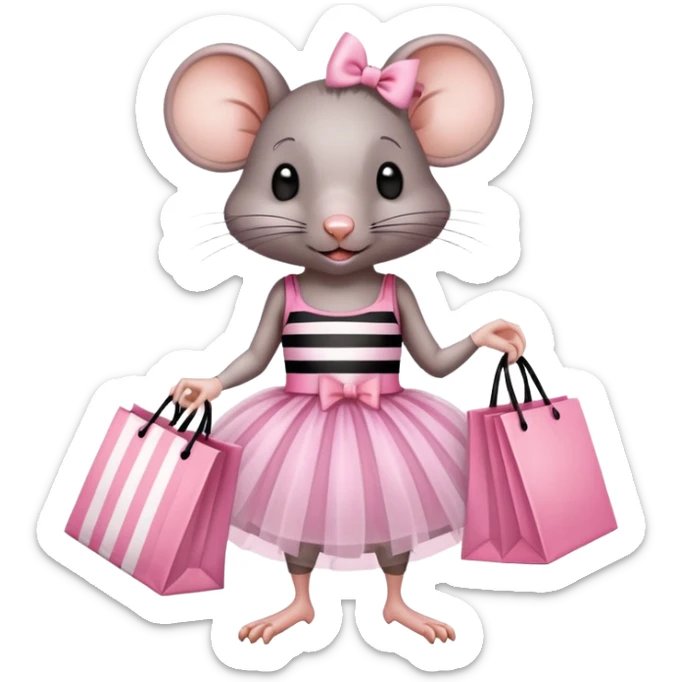 rat with a pink dress and tutu holding a black and white striped shopping bag sticker