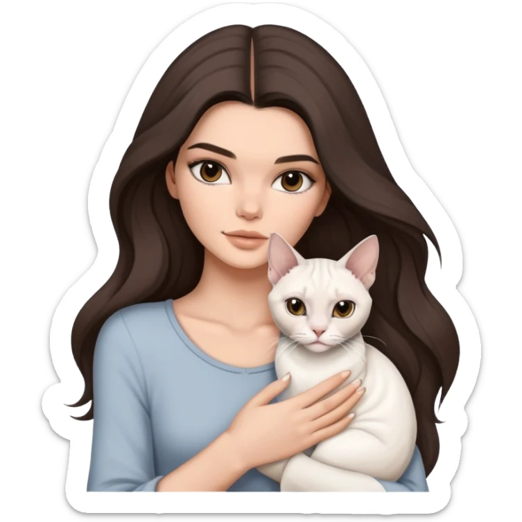 brunette Kendall Jenner with long hair holding on the hands a white cat, and a grey Sphynx sticker