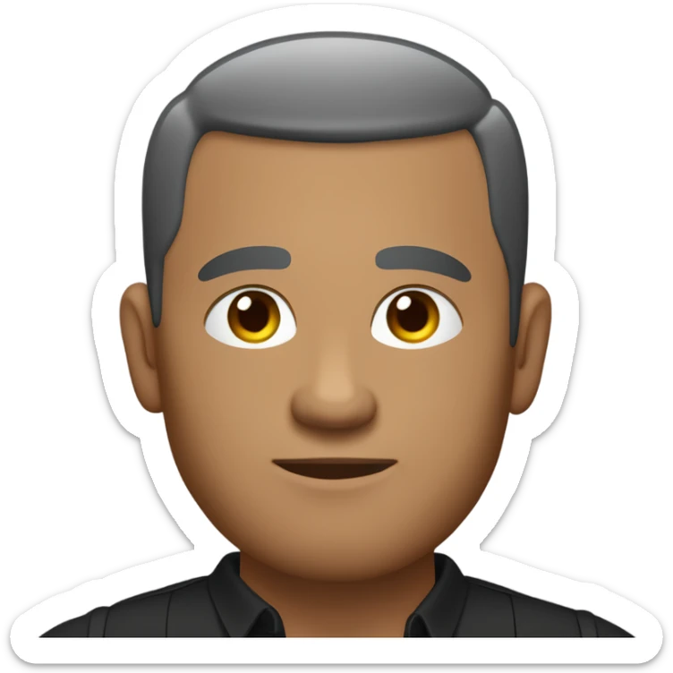 A middle-aged man with olive-toned skin with buzz cut hair and no facial hair. He is wearing a sleek black smart shirt, casually unbuttoned at the top. sticker