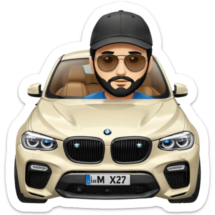 A man with black hair and beard on top of the bonnet of a grey BMW X4 M competition with sunglasses and a baseball cap on sticker