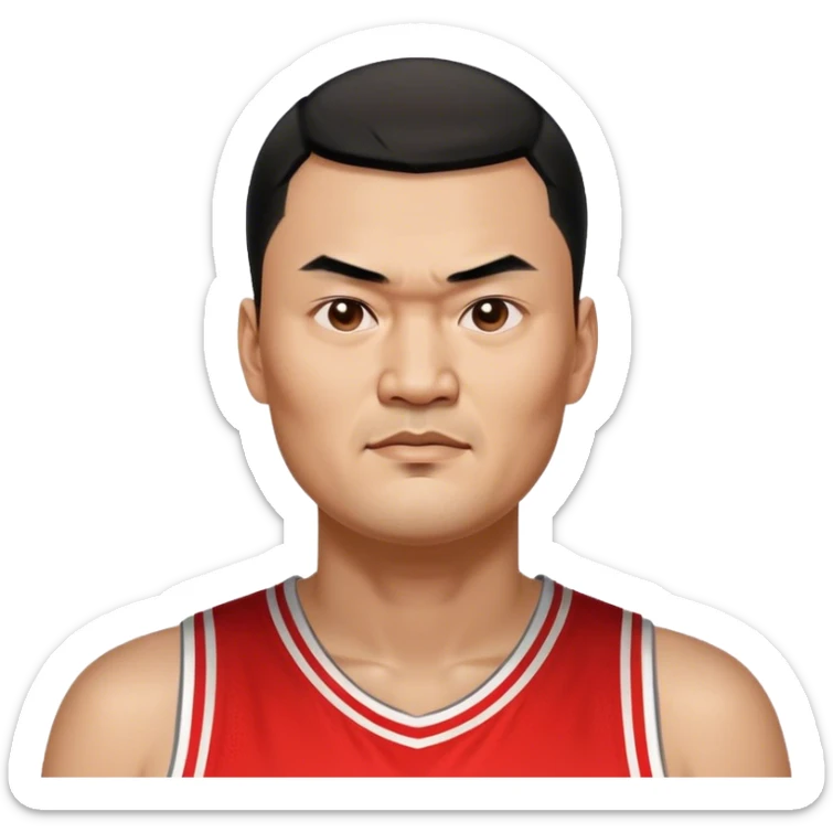 Yao Ming – Cinematic Realistic Portrait of Yao Ming, depicted as a towering basketball icon in a modern uniform, with a gentle yet determined expression and dynamic arena lighting that highlights his immense stature and graceful athleticism. sticker