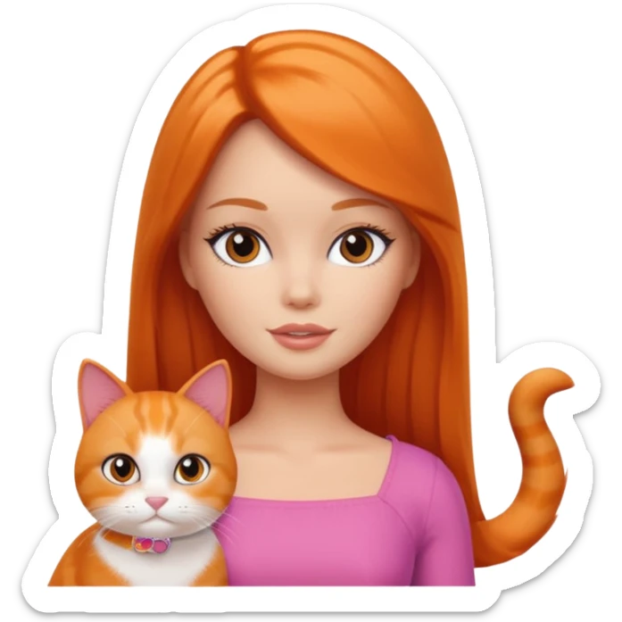 White Barbie girl dark brown long hair with British orange cat sticker