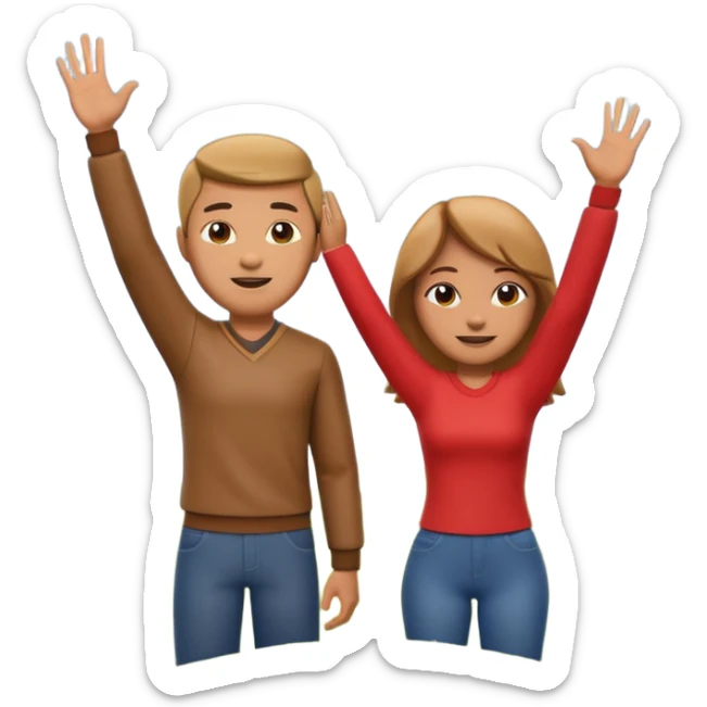 A 3D cartoon couple on top of a hill raising hands in victory, sunny sky and nature background, Memoji-style. sticker