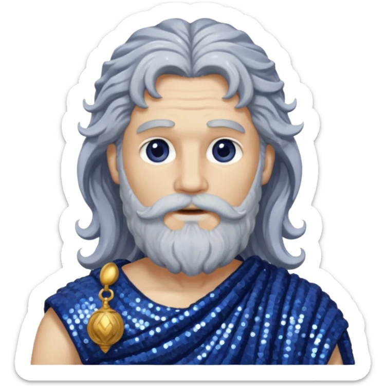 Saturn, God of Time from Roman Deities with long gray wavy hair and beard, indigo sequin toga sticker
