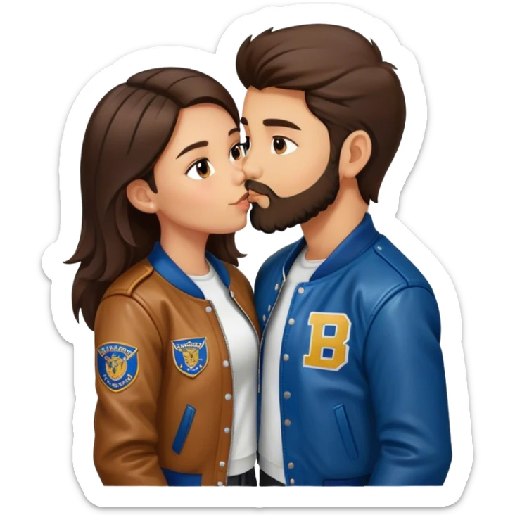 A brunette girl with a letterman jacket kissing a brunette boy with a beard and leather jacket  sticker