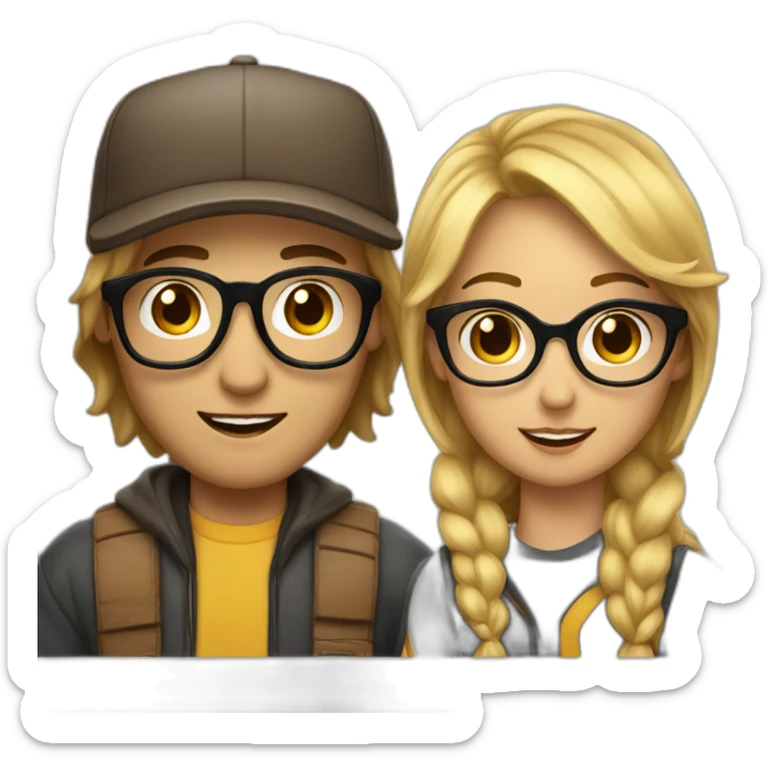 A Women with brown midlong Hair and glasses in Love with a blond Man with gold glasses and a baseballcap sticker