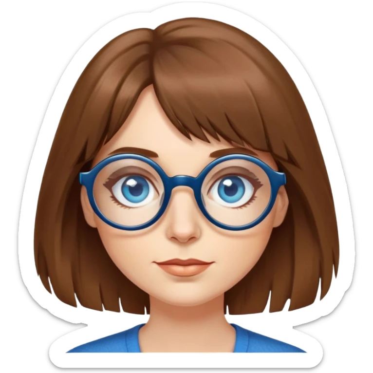 40 year old woman wearing round glasses, big blue eyes, long mid-brown hair and shaggy fringe sticker