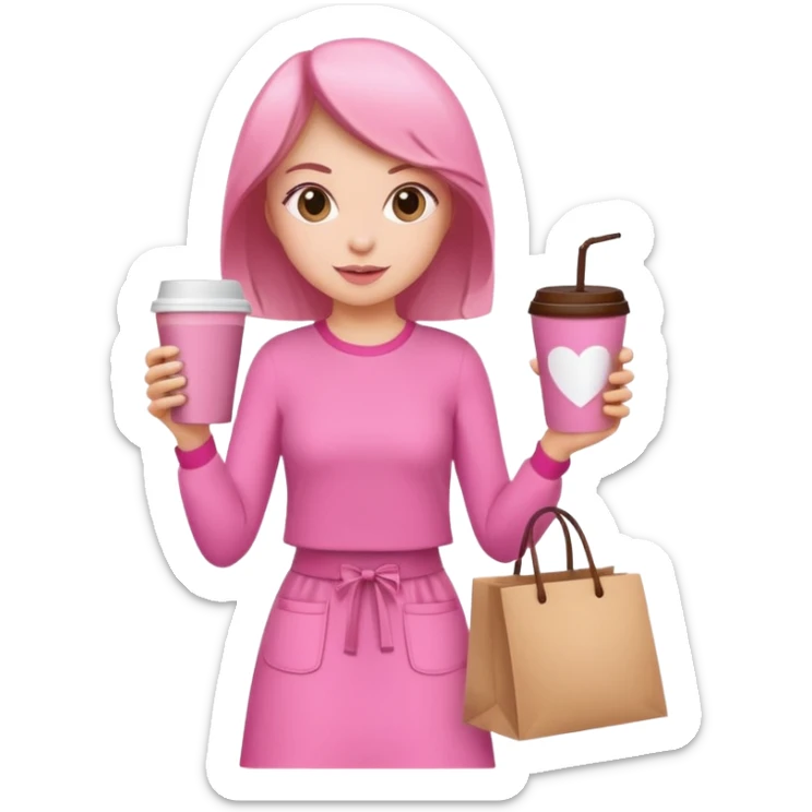 Girl with pink outfit and in hands shopping bags and coffee drink  sticker