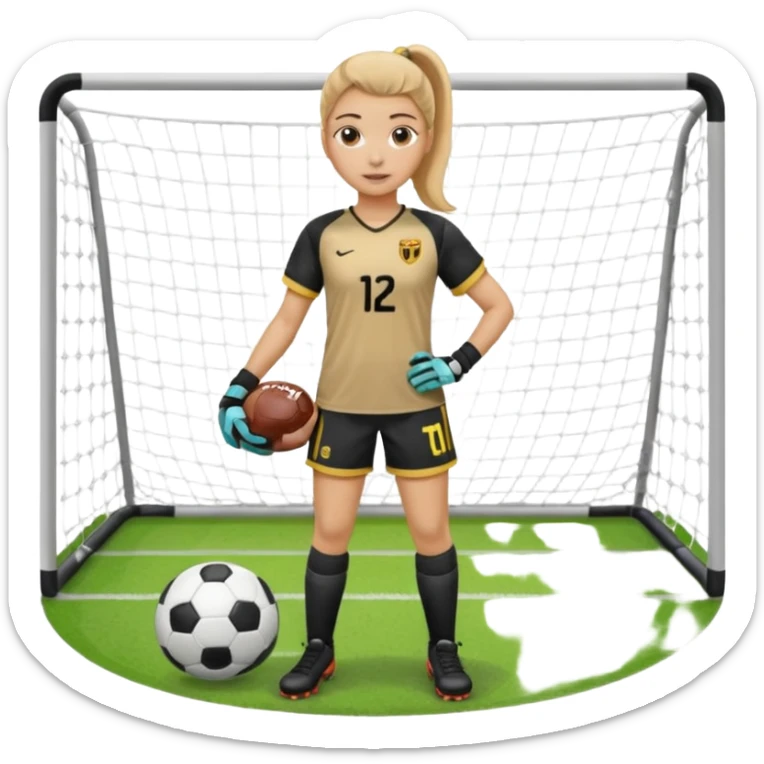 Make a dirty blonde football goalkeeper with goalkeeper gloves on holding a football. The girl is light skinned and wearing a football kit and football shoes. Standing in front of football goal. Wearing a ponytail with the dirty blonde hair sticker
