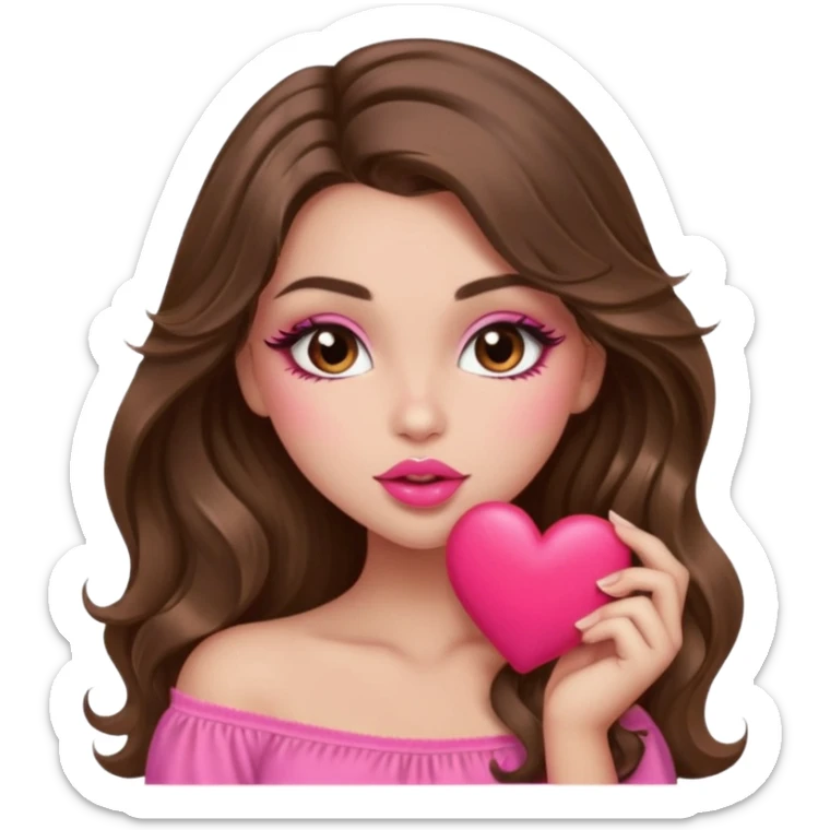 girl with long wavy brown hair, brown eyes, long lashes makeup, sexy pink lips, light to medium complexion, wearing a pink sexy top, sexy , puckering, blushing, kissing a heart sexy sticker