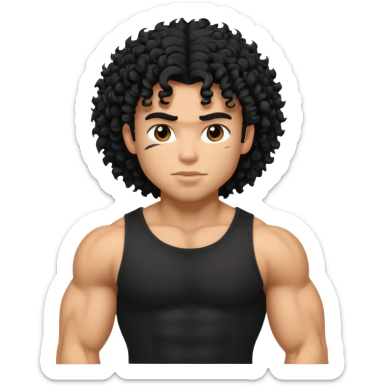 a pretty bratz guy with curly black hair with big muscles and shaggy hair in a tight black tee sticker