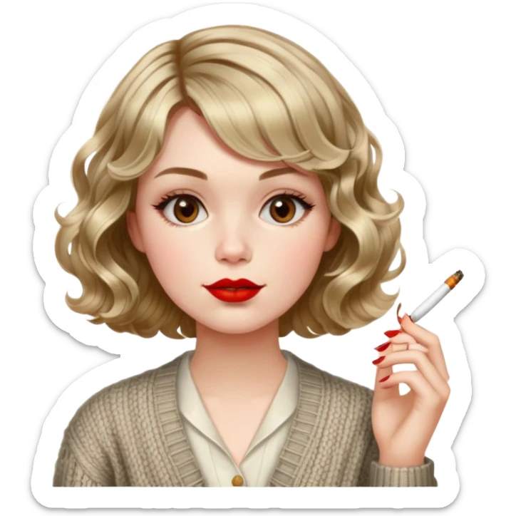 Alluring 1870's French girl french shiny wavy textured bob haircut tousled hair red lips smoking cigarette by wearing knitted cardigan sticker