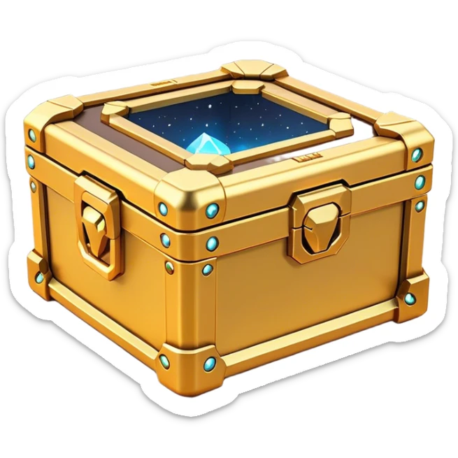 Clash of Clans aesthetic: Cinematic Playful Sci-fi Loot Crate Emoji, rendered in a 3D vector-style similar to standard emojis with minimal shading and bold, simplified shapes. A compact, futuristic storage box with sleek metallic panels and digital accents, softly glowing with a cosmic treasure charm. Simplified yet unmistakably iconic, highly detailed and consistent, glowing with a soft radiant shine and high gloss. Stylized with a touch of intergalactic mystery and a soft glowing outline, capturing the essence of a futuristic reward chest with a friendly, playful allure! sticker