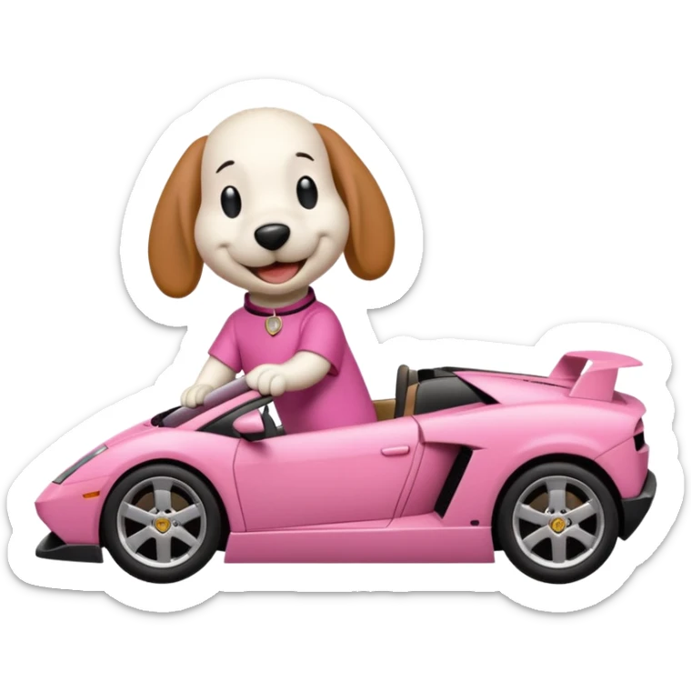 Snoopy in a Lamborghini, the Lamborghini is sideways and Snoopy isn't big, the Lamborghini is pink sticker