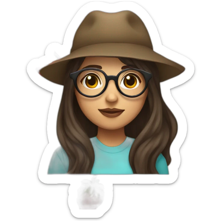 Brunette girl with circle glasses and mullet long hair and a strawberry hat sticker