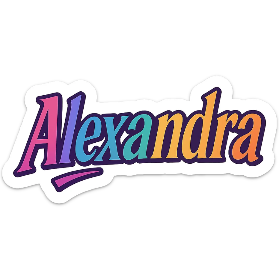 The name 'Alexandra' in a thick, colorful, edgy, youthful, elegant font, text only, no emoji, transparent background. sticker
