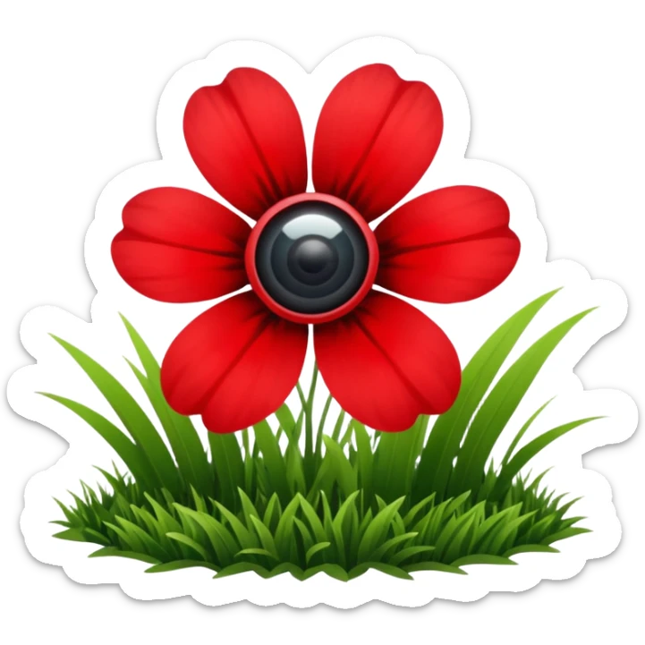red flower in a grassy area with a bright sun in the sky, fish eye lens effect sticker