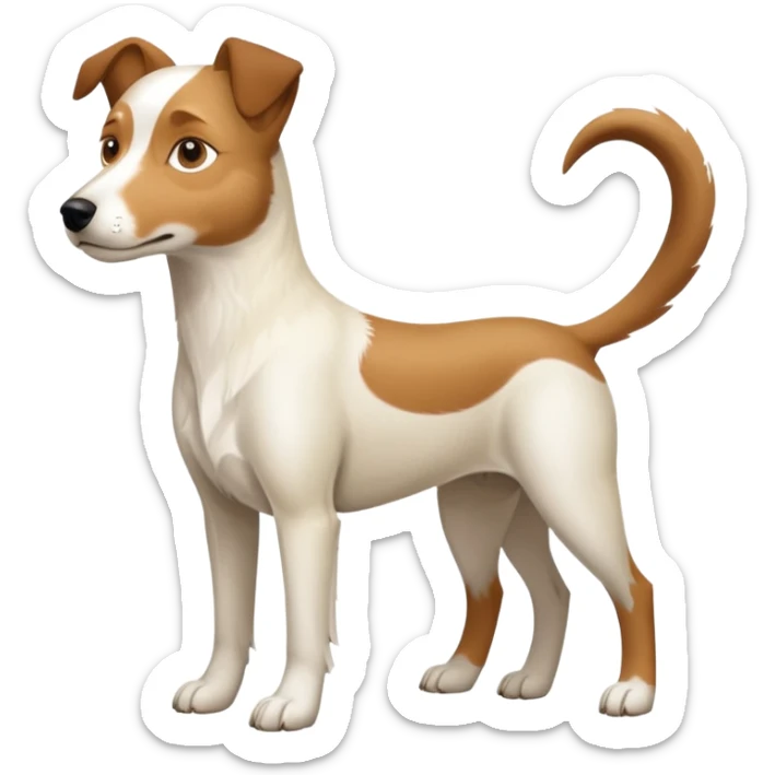 a full body large white parson russell looking dog the size of a kelpie with light brown flapped down ears and a light brown patch on one eye and a large snout sticker