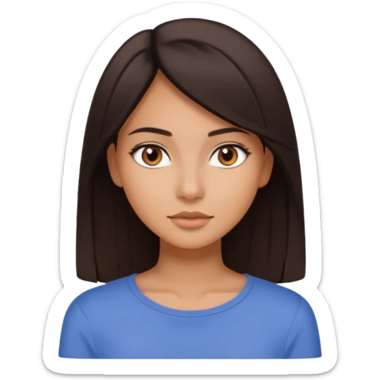 Koyu saçlı, genç bir kadın. Ten rengi buğday. Gözleri kahverengi. Saçları düz (veya kıvırcık) ve orta uzunlukta. Soft makyajlı, sade stil. sticker