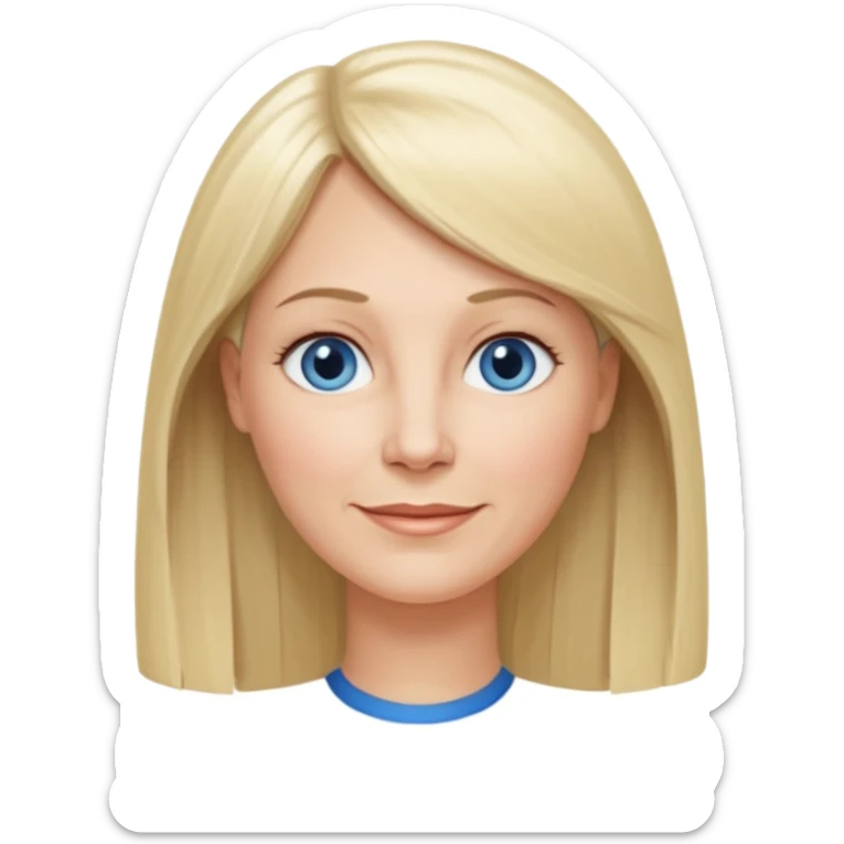 50 yr old white woman, hippe part bangs, very long straight blond hair, oval face, small smile, blue eyes, thin face, hair downback, hair parted at center of head, round cheeks, pale, longer hair sticker