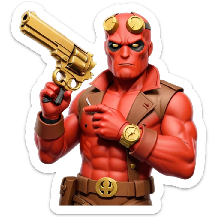 cinematic realistic superhero Hellboy by Mike Mignola jumps and shoots with a bronze pistol sticker