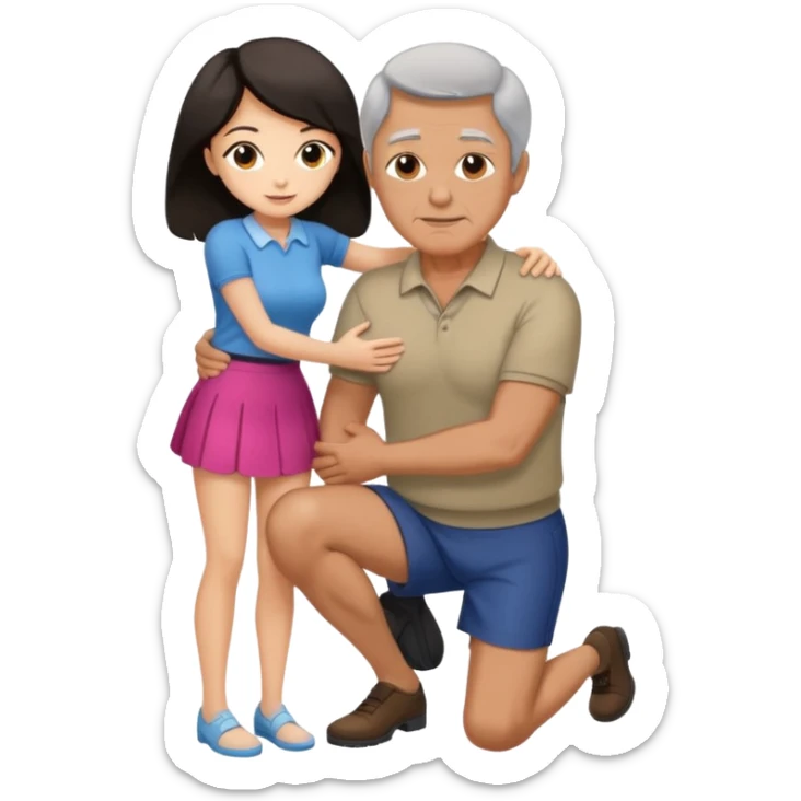 older man with dark hair on knees, facing dark haired woman in a micro mini skirt, hugging her waist sticker
