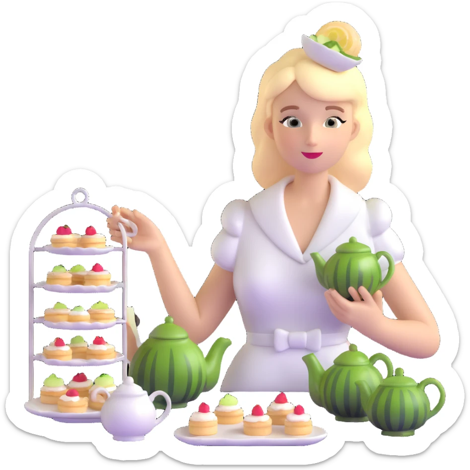 Sophisticated British young woman at afternoon tea party with teapot, cucumber sandwiches and petit fours sticker