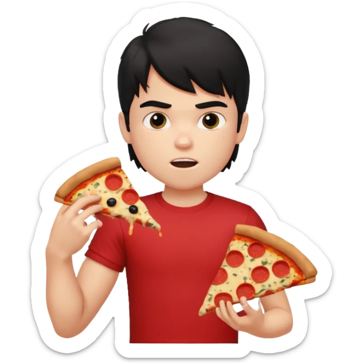 generate a pretty fair bratz boy with a messy mullet (black hair), wearing a red tshirt. eating pizza. He has big biceps sticker