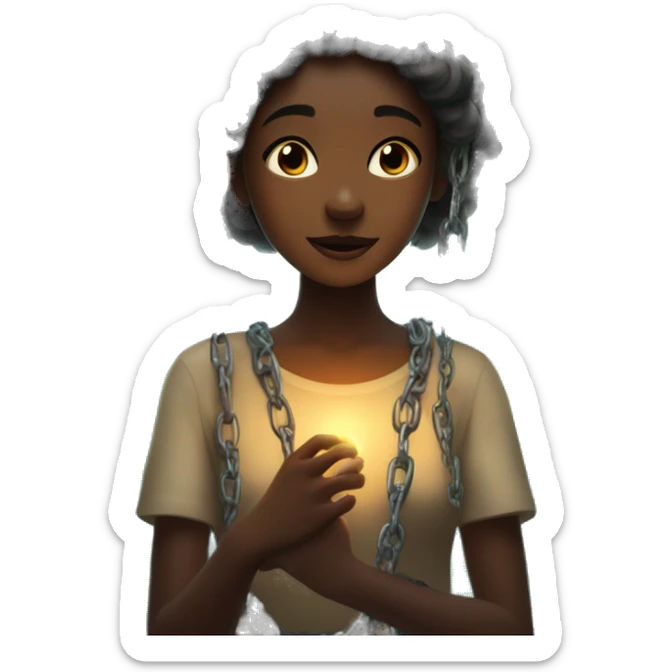 A girl letting go of chains and feeling relief, chains glowing and she is surriounded by forest and butterflies sticker