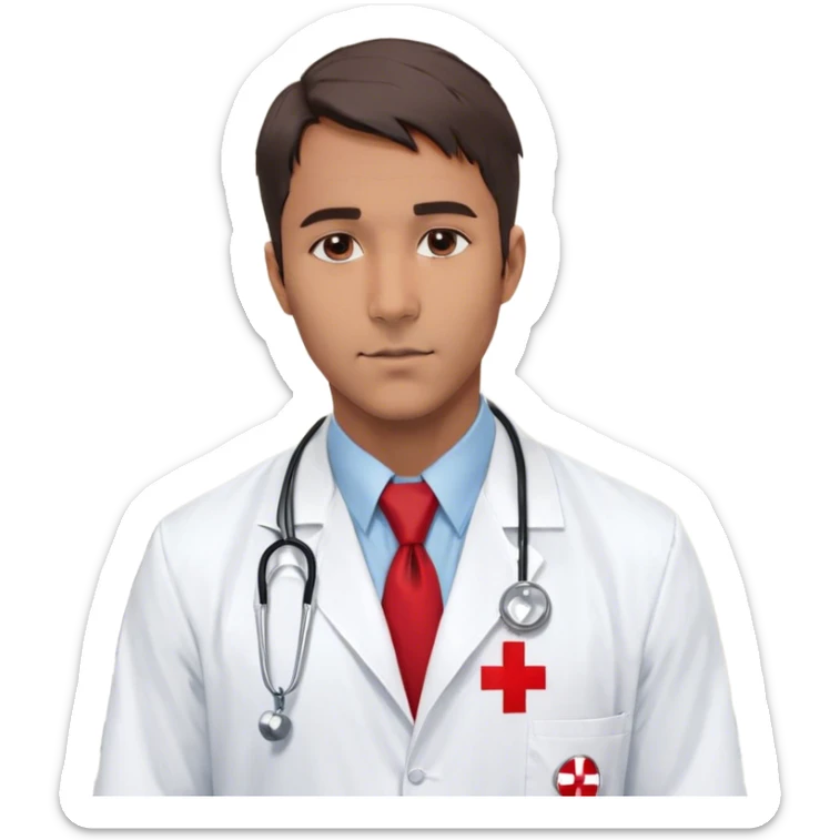 "A bust of a professional male doctor wearing a white lab coat with a red cross emblem on the chest. Underneath, he has a light blue dress shirt and a red tie. A stethoscope is draped around his neck, with silver earpieces and a dark rubber tube. His expression is calm and confident, with neatly styled short hair and a reassuring presence. Behind him, a faint medical chart with a heartbeat line (EKG waveform) subtly reinforces the medical theme. The background is plain white for clarity and simplicity sticker