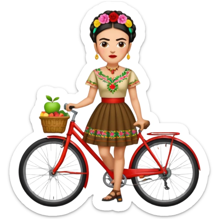 Frida Kahlo cycling, traditional Mexican dress, colorful, apple emoji style sticker