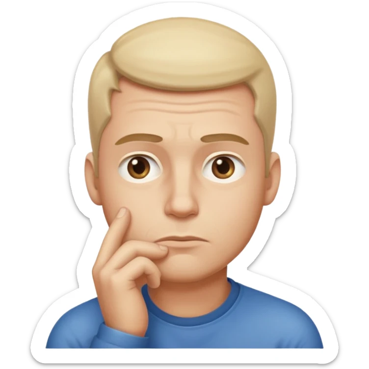 Create an emoji-style illustration of a man thinking. Show him with a hand on his chin, raised eyebrow, and a thoughtful expression. Soft gradients, rounded shapes, clean minimal emoji look sticker
