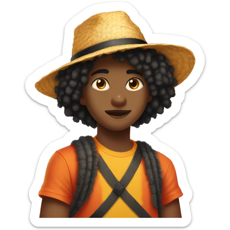 Teenager with black fluffy hair with a small black scar under right eye wearing a orange yellow straw hat that is wrapped with ribbon, wearing a red tank top sticker