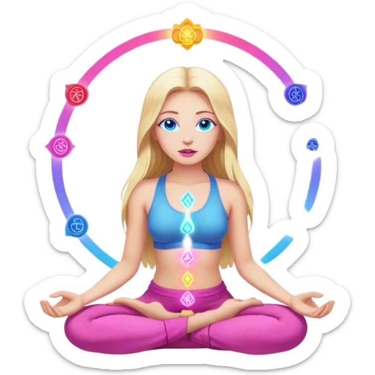 Cinematic realistic blonde with long hair, blue eyes and pink lips meditates, her chakras glow sticker