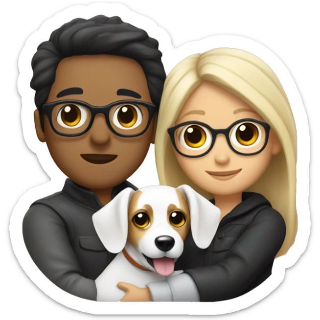 A couple cuddling a jack Russell, the men have black hair and glasses and the woman is blonde but without glasses  sticker