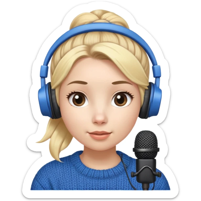 a cute face girl have bright white skin
and small and natural lips with
blue knitwear with a blonde one hair
bun and she is a podcaster in her
school. with recording microphone in
front of her not held and a headphone
in her head sticker