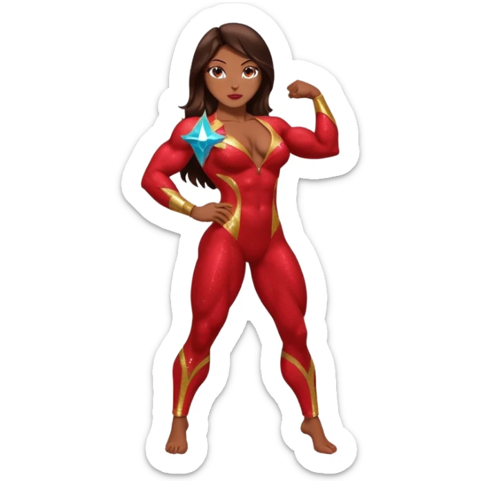 Bodybuilder woman with sparkly red suit and long dark brown hair in a bodybuilding side pose sticker