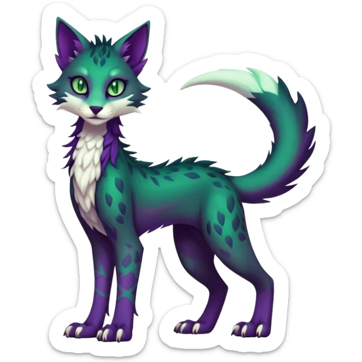 Kawaii dark edgy dark deep purplish with dark green eyes fantasy feline-vernid-sergal-fursona animal creature with a tufted tail full body with intricate markings  sticker
