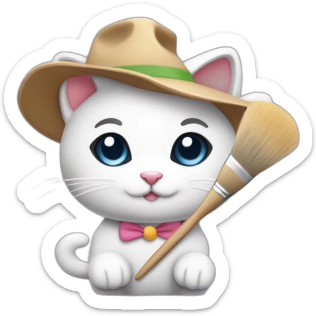 Kawaii cat artist in hat holding palette and brush so it can be used as a mouse cursor sticker