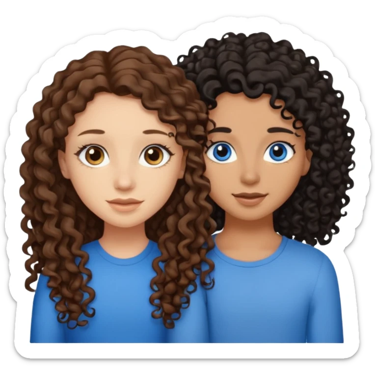 Two best friends .bestie 1: beige skin with brown long hair and blue eye. Bestie 2:mixed race skin with curly black hair and brown eye sticker