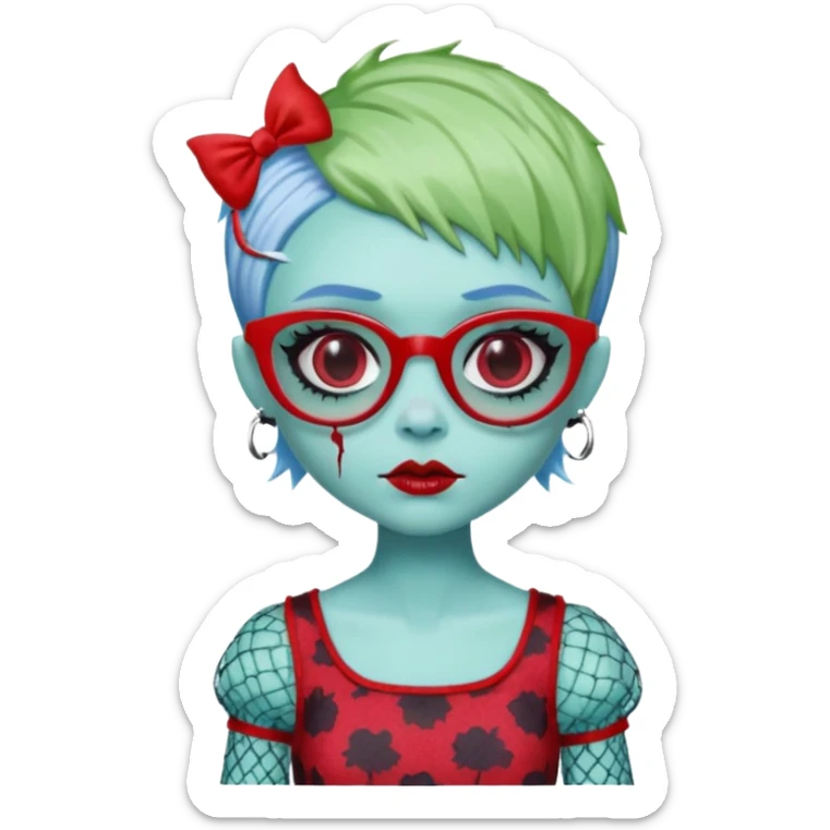 Ghoulia yelps monster high doll in scene/emo style cherry print dress with fishnet sleeves, clothes, thin, small, red, rectangle glasses, pale white-blue skin, pale-green pixie-cut, zombie scars sticker