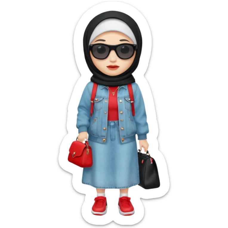 female memoji character, iPhone style, wearing black hijab, white long dress, oversized light blue denim jacket, white socks, black shoes with red detail, black shoulder bag, sunglasses on head, cute expression, no background, transparent PNG sticker