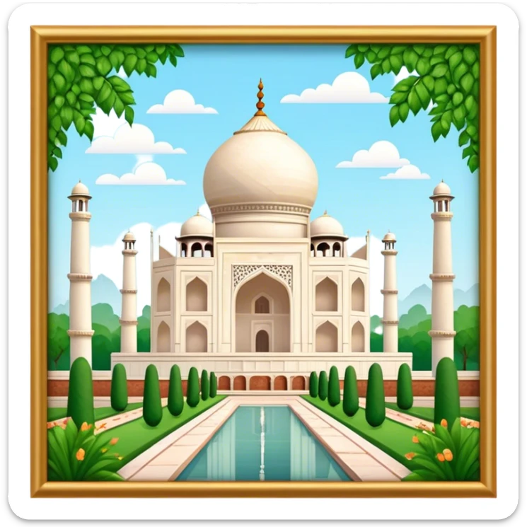 Cinematic Realistic Taj Mahal Landmark Emoji, depicted as the iconic marble mausoleum set amidst lush gardens rendered with intricate detail and ethereal, soft lighting. sticker