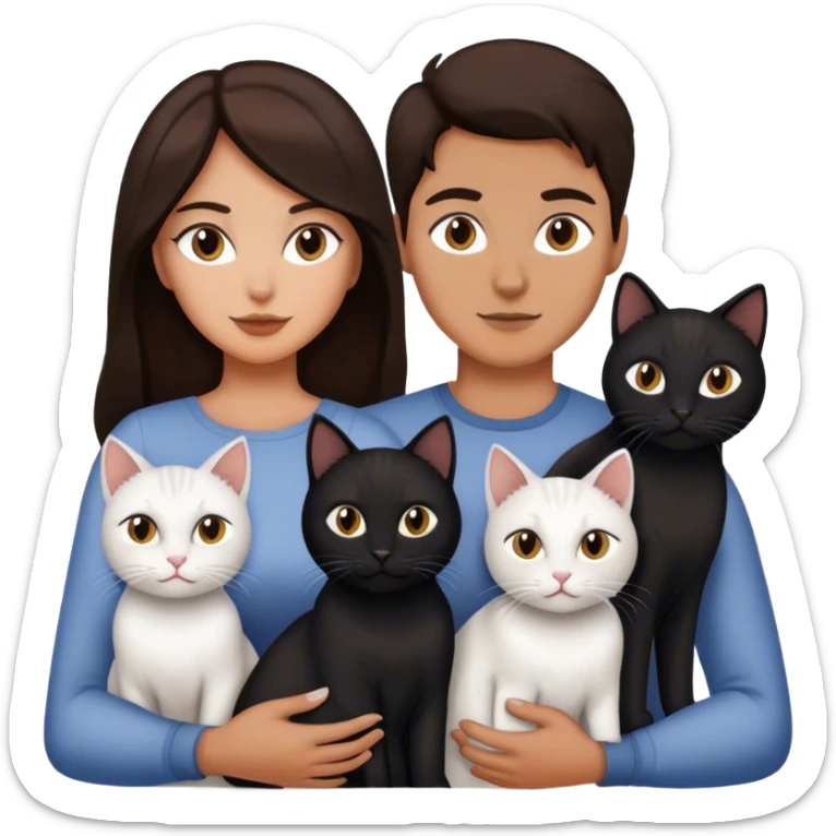 brunette woman and a man with four cat, one is black one is full white the other two is full gray cats sticker
