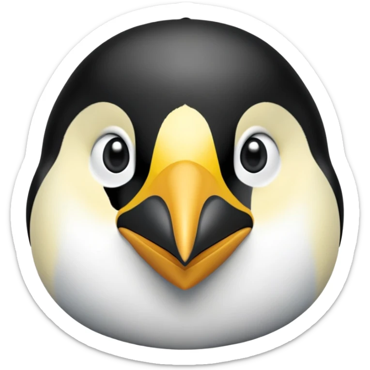cinematic-adult-emperor-penguin-portrait-emoji,-head-tilted-playfully-and-inquisitively,-with-glossy,-pristine-plumage,-sparkling-eyes-filled-with-curiosity,-simplified-yet-irresistibly-adorable-features, black, large black eyes face sticker