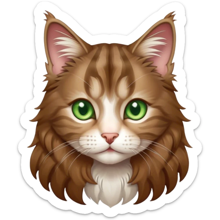 Cute chibi style Maine coon kitty with brown hair with white streaks and green eyes sticker