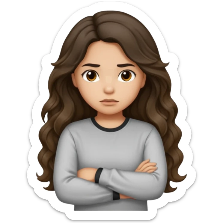 Hispanic light tan girl with long dark wavy hair pouting and arms folded. Wearing a long sleeve. Hair with middle part. sticker