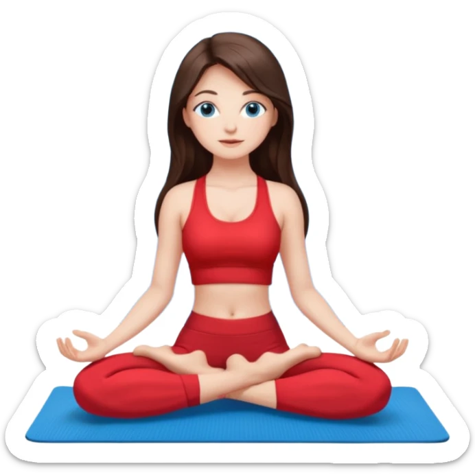 Brunette long hair and blue blue eyes yoga beautiful girl in bright red  clothes sitting on a yoga mat sticker