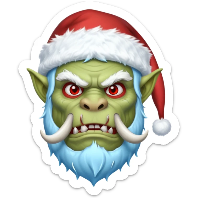 Fantasy orc emoji portrait, Santa Claus hat stretched around tusks, tusks covered with ice and crimson frost cracks, cold predator expression, winter hunt atmosphere, minimal clean emoji design, male/female variant
 sticker